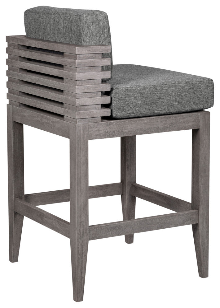 Vivid Outdoor Patio Bar Stool, Gray Eucalyptus Wood With Gray Olefin Cushions