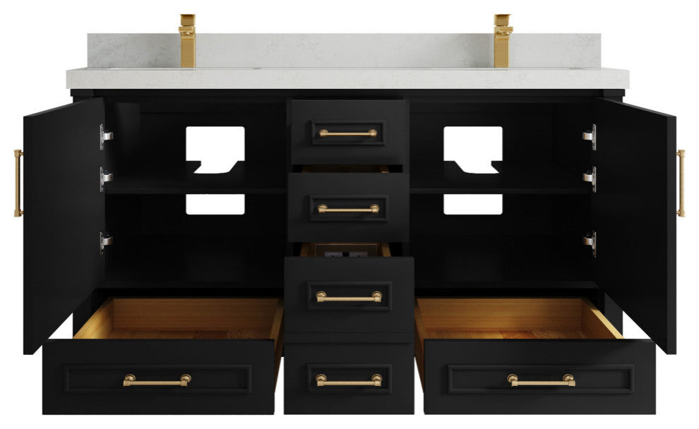Aberdeen 60 Double Bathroom Vanity in Black 2" Carrara Quartz