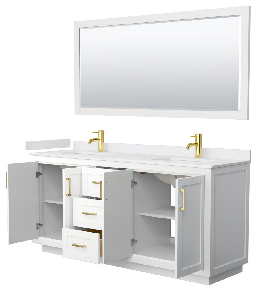 72"DBL Vanity White, White Cult. Marble Countertop, Sinks, Gold Trim, 70"Mirror