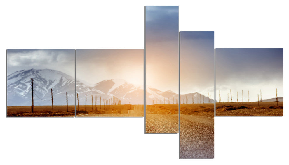 Straight Road under Blue Sky, Landscape Canvas Art, 60"x32", 5 panels