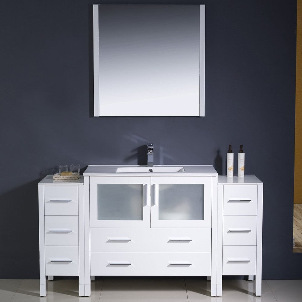 Torino 60" White Modern Bathroom Vanity With 2 Side Cabinets, FFT3811CH