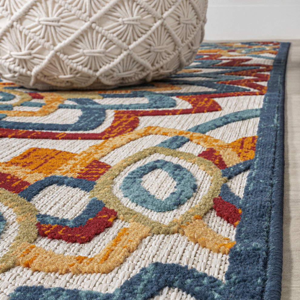 Flora Abstract Bold Mandala High-Low Indoor/Outdoor Area Rug, Red/Blue/Yellow