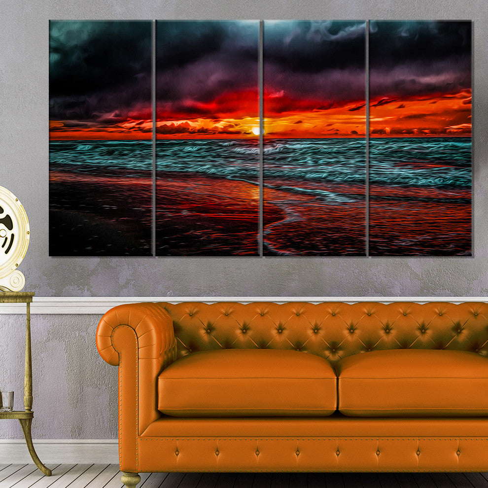 Red Sunset over Blue Waters, Seascape Canvas Art Print, 48"x28", 4 Panels