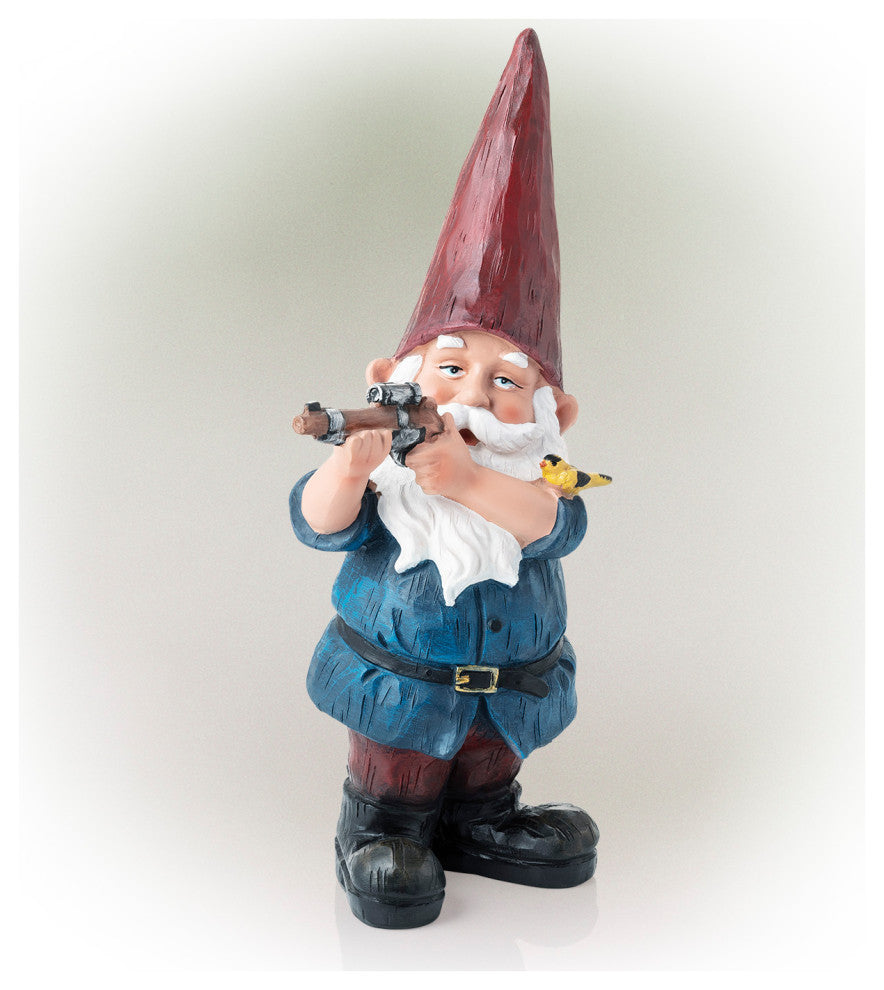 12" Tall Outdoor Hunting Garden Gnome with Blue Shirt Yard Statue, Multicolor