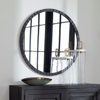 Luxe Modern Black Ridged Frame Wall Mirror 34" Round Industrial Iron Ribbed