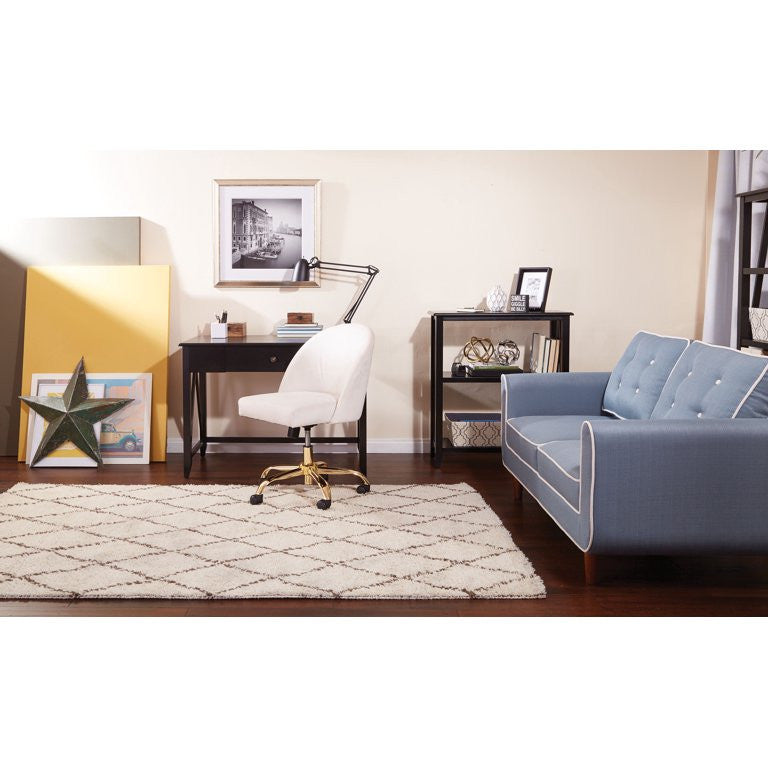 Elegant Office Chair, Golden Base With Padded Seat & Curved Back, Gray Velvet