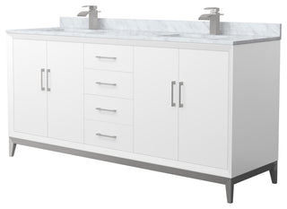 Amici 72" White Double Vanity, White Carrara Marble Top, Brushed Nickel Trim