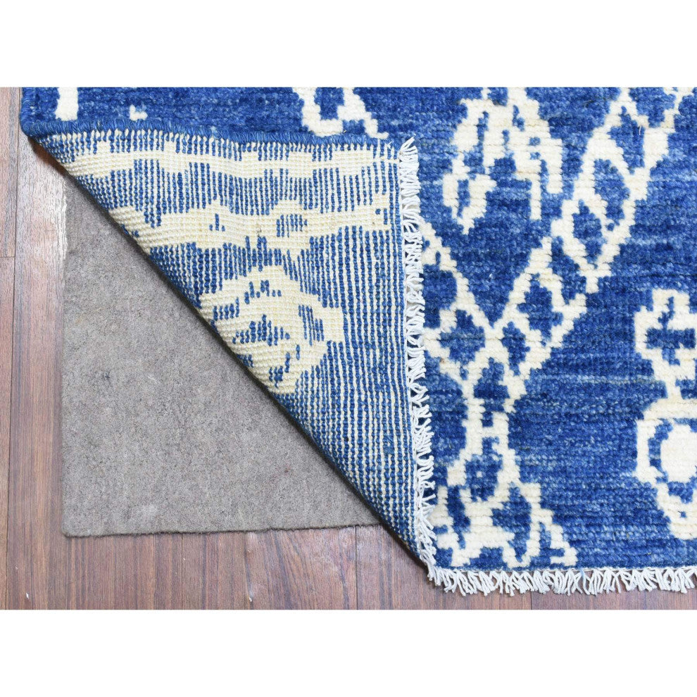 Blue, Wool Hand Knotted, Boujaad Moroccan Berber Design Runner Rug, 2'8"x15'4"