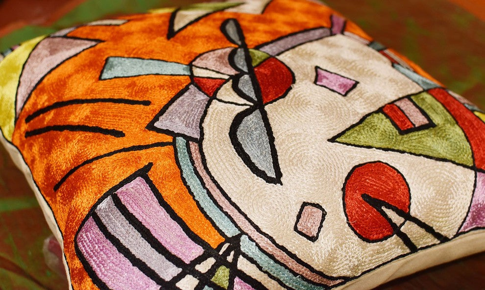 Kandinsky Orange Abstract Throw Pillow Cover Handembroidered Art Silk 18x18"