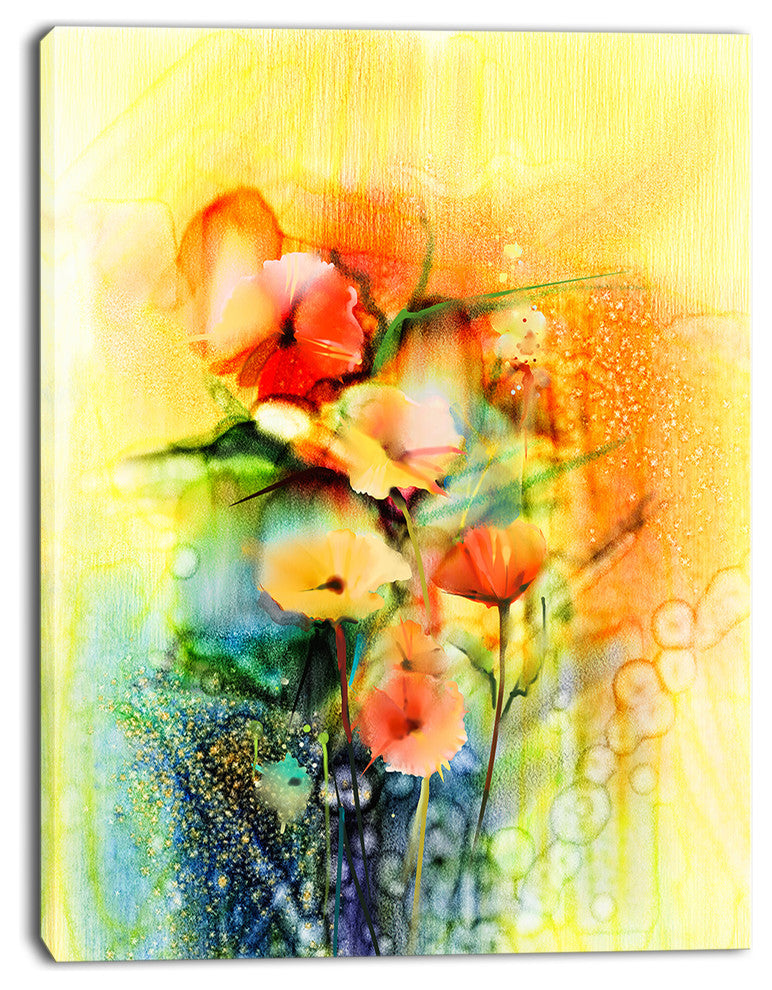 Colored Watercolor Flowers on Yellow, Large Floral Canvas Art Print, 12"x20"