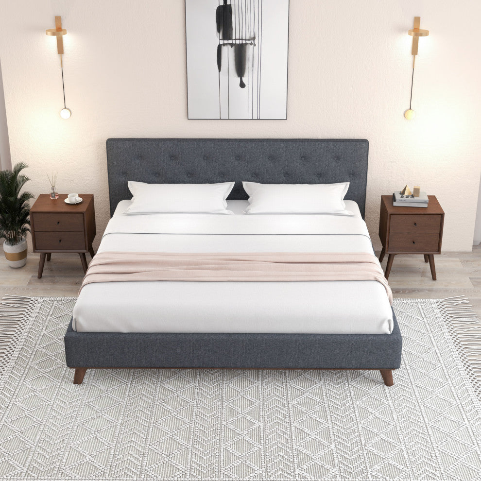 Ashton Mid-Century Modern Solid Wood Tufted Dark Grey Fabric Platform Bed, King