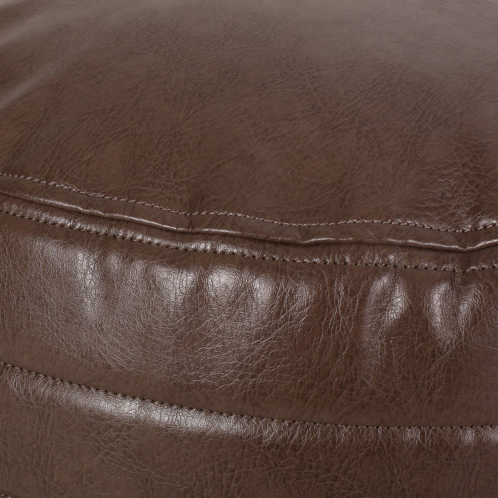 Conrail Contemporary Faux Leather Channel Stitch Pouf, Brown, Cylinder
