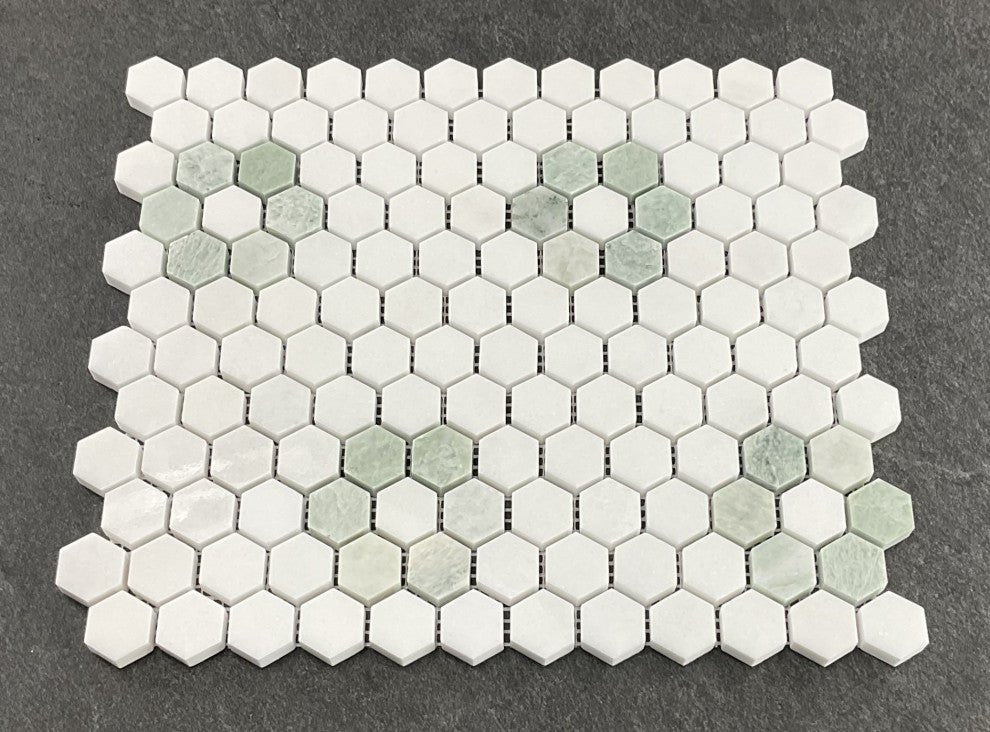 5-Pieces of Thassos White and Ming Green 1" x 1" Marble Honeycomb Mosaic