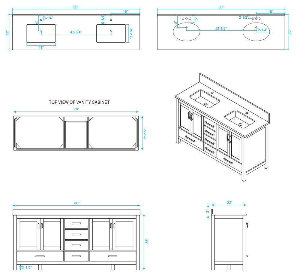 Wyndham WCS141480DGYIVUNSMXX 80 inch Vanity in Gray with Ivory Marble and Square