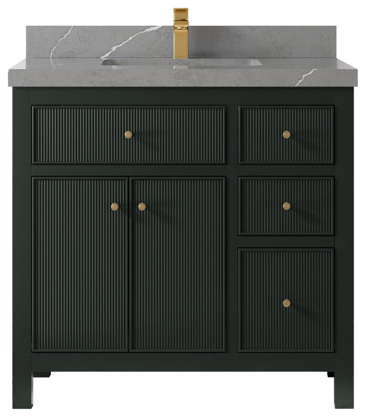 Sonoma 36 Center Sink Reeded Bath Vanity in Dark Forest Green 2" Piatra Gray