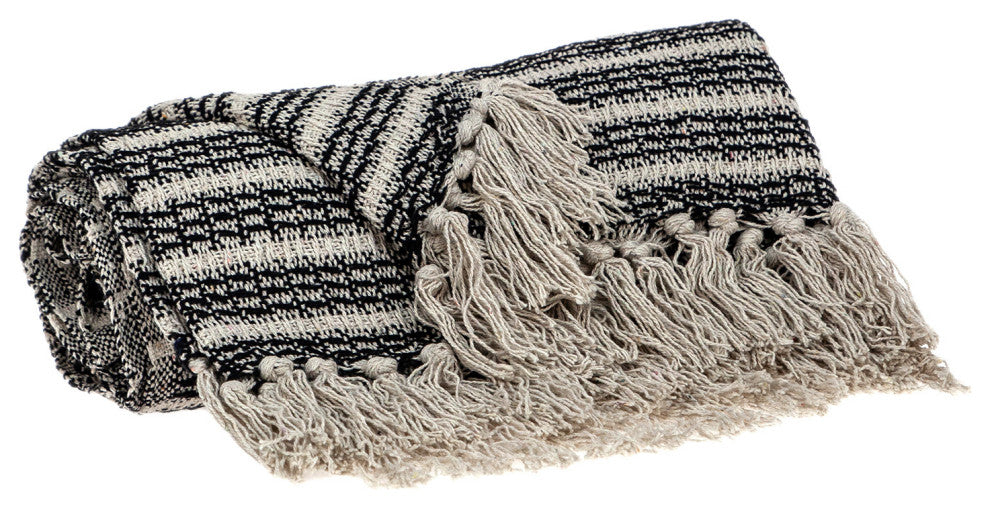 Black and Beige Striped Woven Handloom Throw Blanket