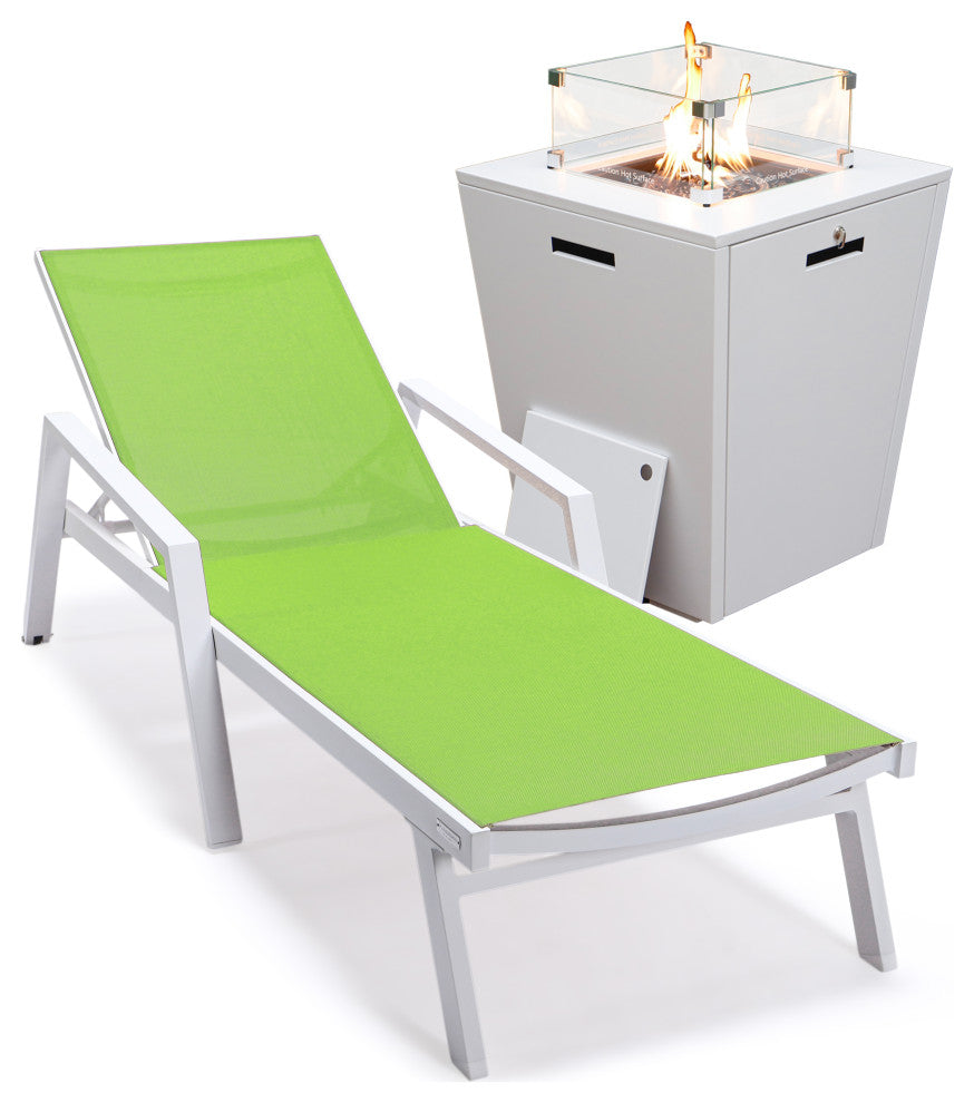 LeisureMod Marlin Chaise Lounge Chair With Arms and Fire Pit Table, Green