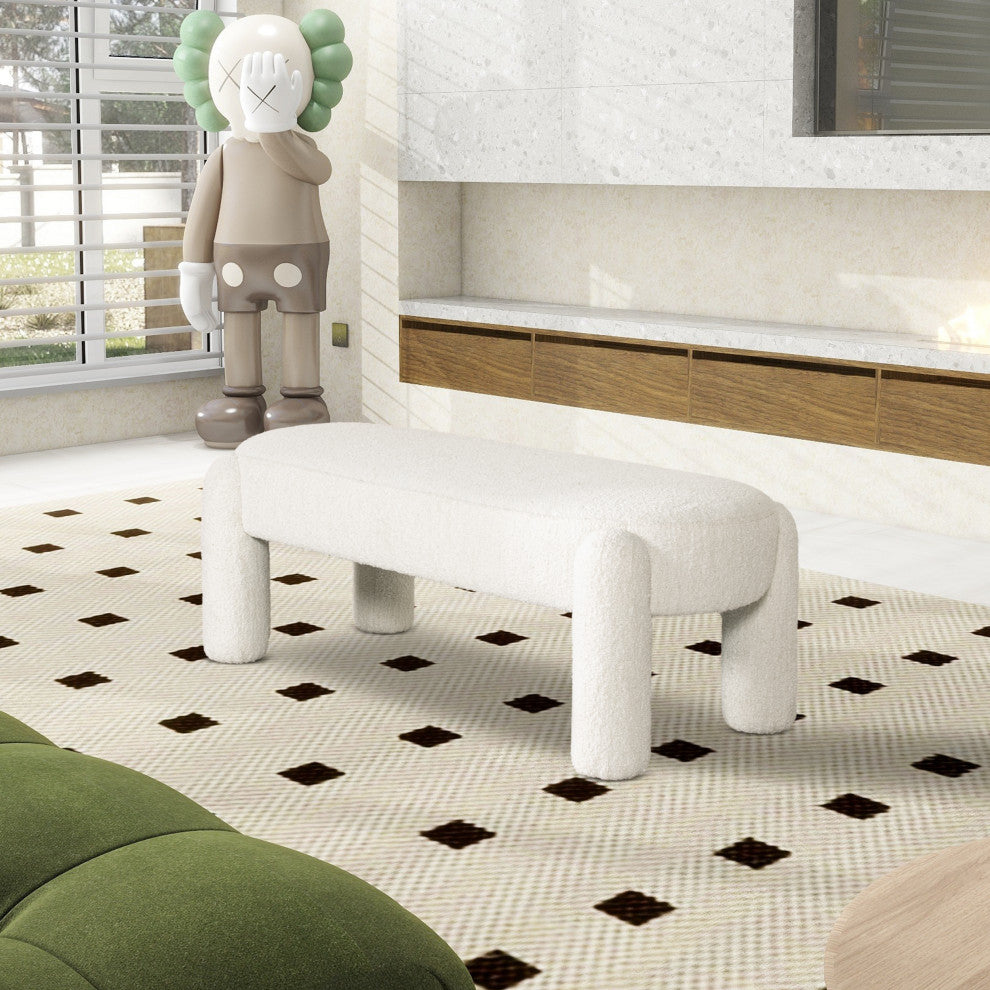 Hugo 49" Boucle Oval Fully Upholstered Bench, Milky White Cream