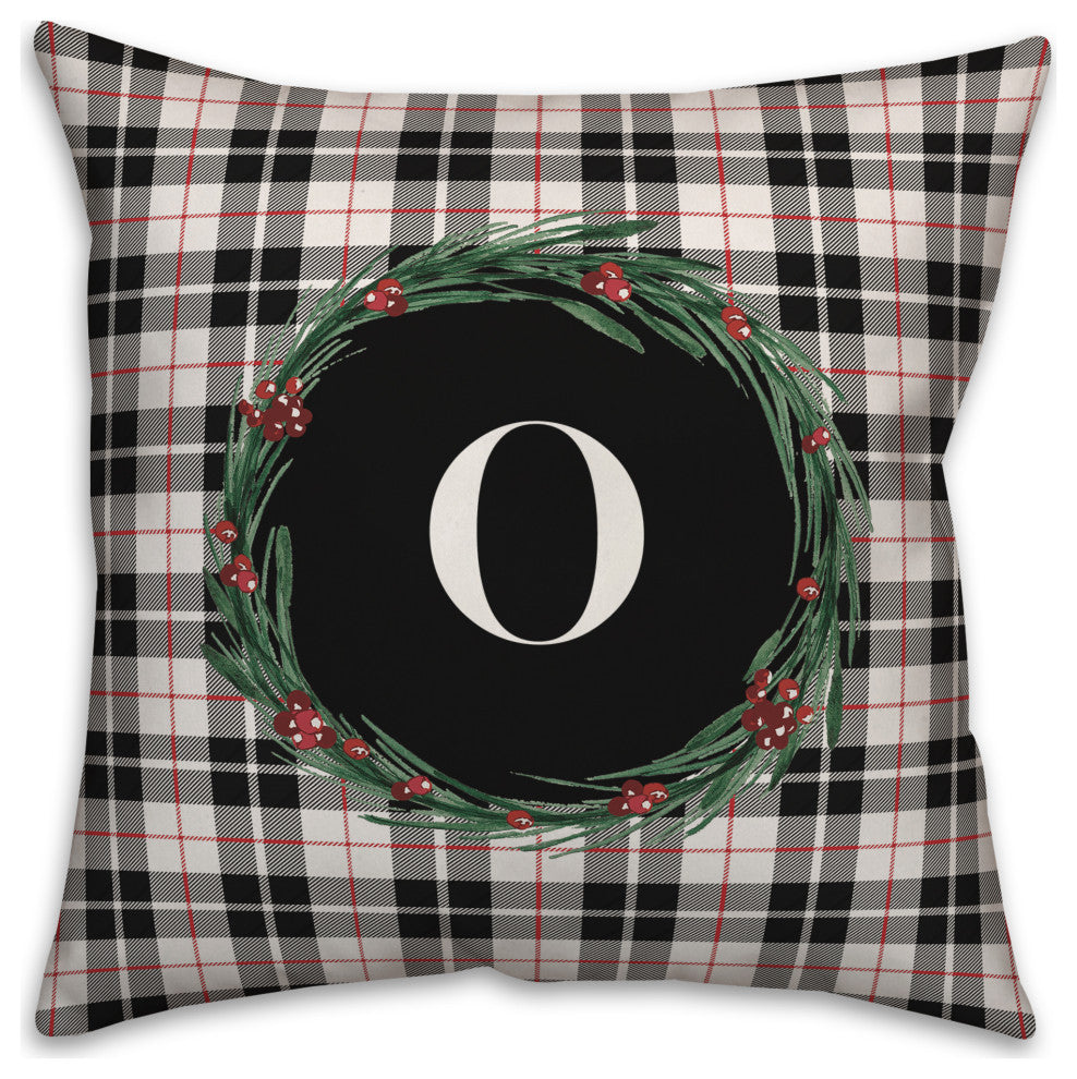 Black Plaid Monogram Wreath O 18x18 Spun Poly Pillow