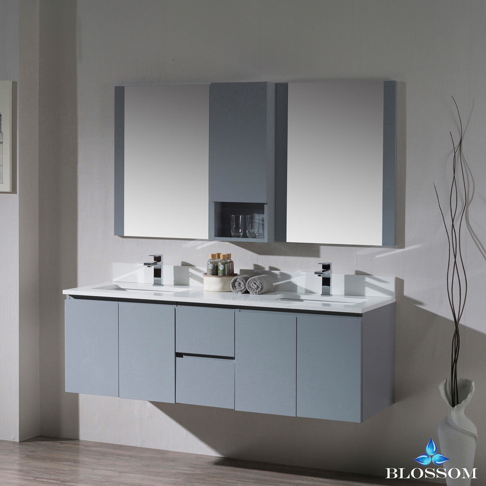 Monaco 60" Double Wall Mount Vanity Set With Mirror and Wall Cabinet