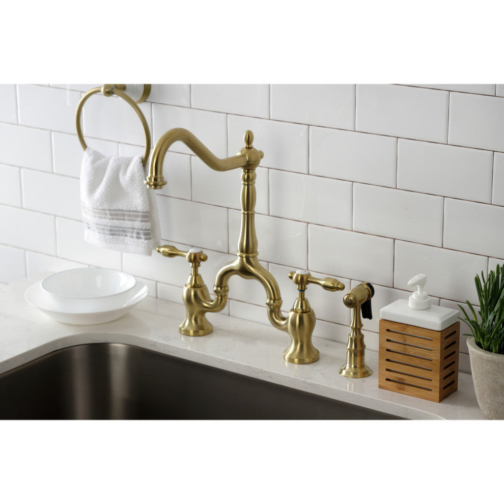 KS7757TALBS Tudor Bridge Kitchen Faucet With Brass Sprayer, Brushed Brass