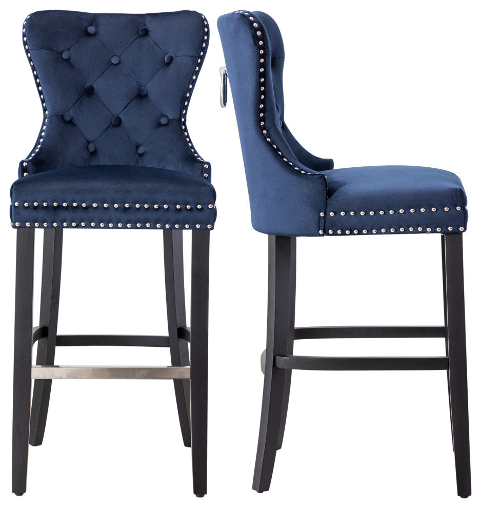 WestinTrends 2PC 29" Wingback Diamond Tufted Glam Velvet Bar Stool Set, Black, Velvet Navy Blue