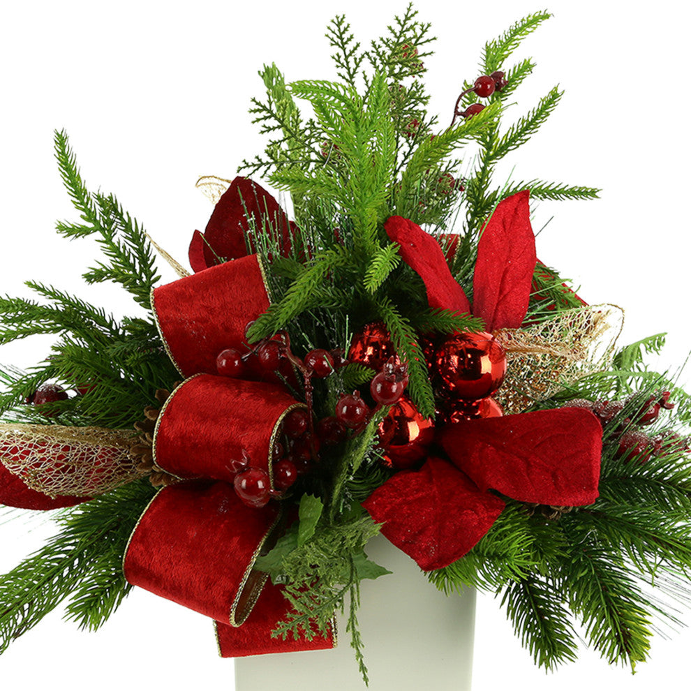 Evergreen Holiday Arrangement with Ornaments and Bows