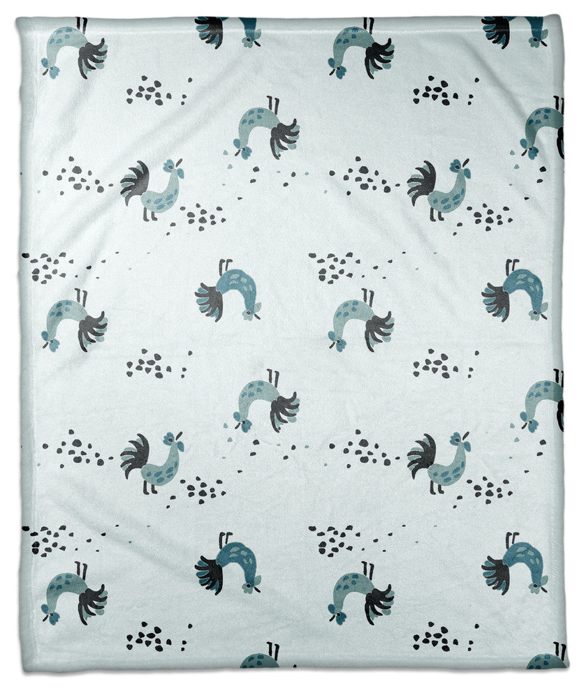 Rooster Pattern in Blue Fleece Blanket