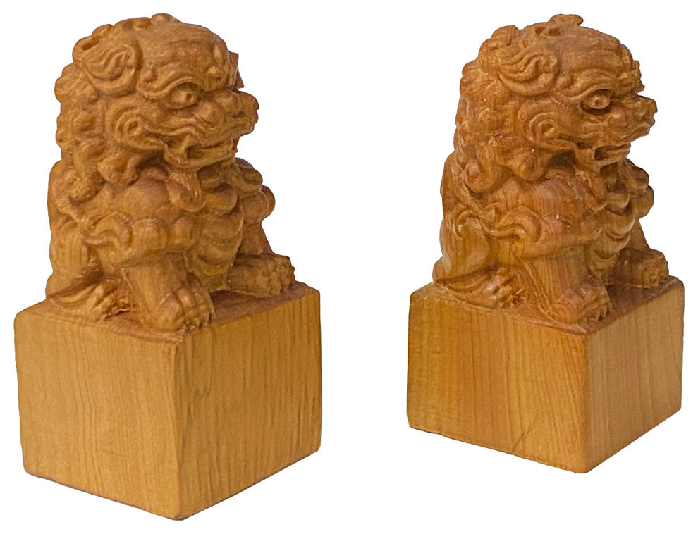 Chinese Pair Wood Carved Mini Foo Dogs Lions FengShui Figures Hws2382
