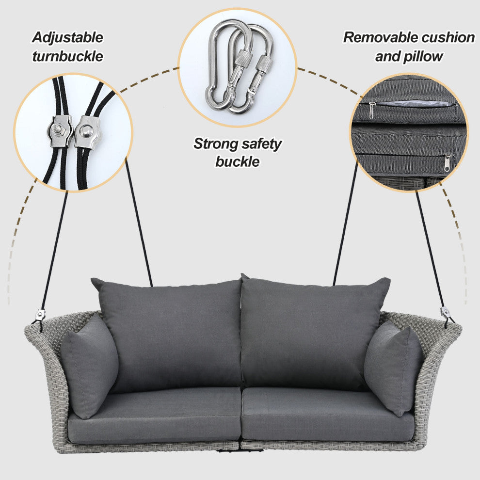 Outdoor Patio 2-Person Hanging Rattan Woven Porch Swings, Cushions