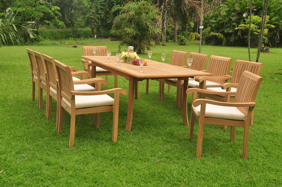 11-Piece Outdoor Teak Dining Set, 94" Rectangle Table, 10 Nain Stacking Chairs