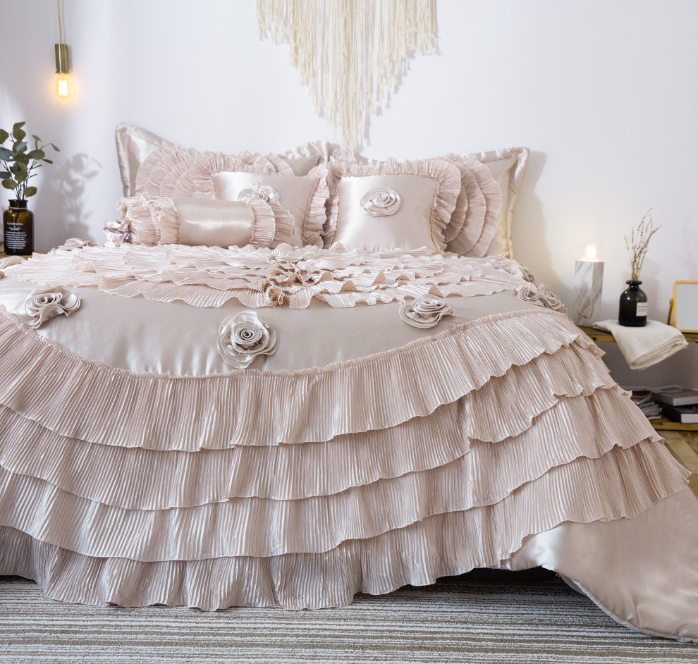 Frosted Fields Faux Satin Luxury Ruffle Comforter Set, California King, Cal King