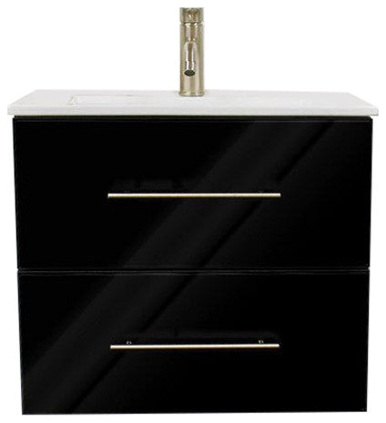 Napa 30" Modern Floating Bathroom Vanity With Ceramic Top and Round Handles, Glossy Black