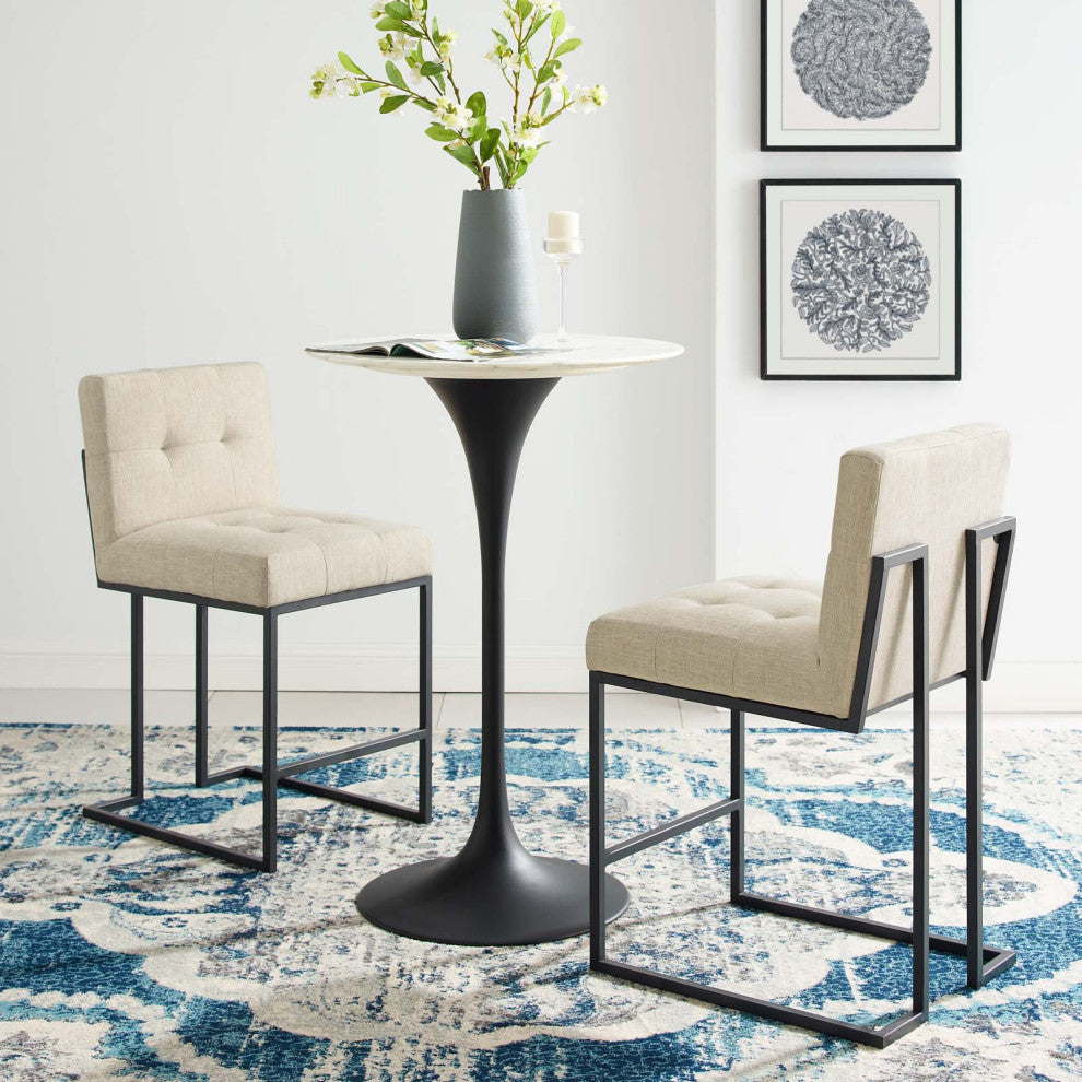 Counter Stool Chair, Set of 2, Fabric, Metal, Black Beige, Modern, Bar Pub