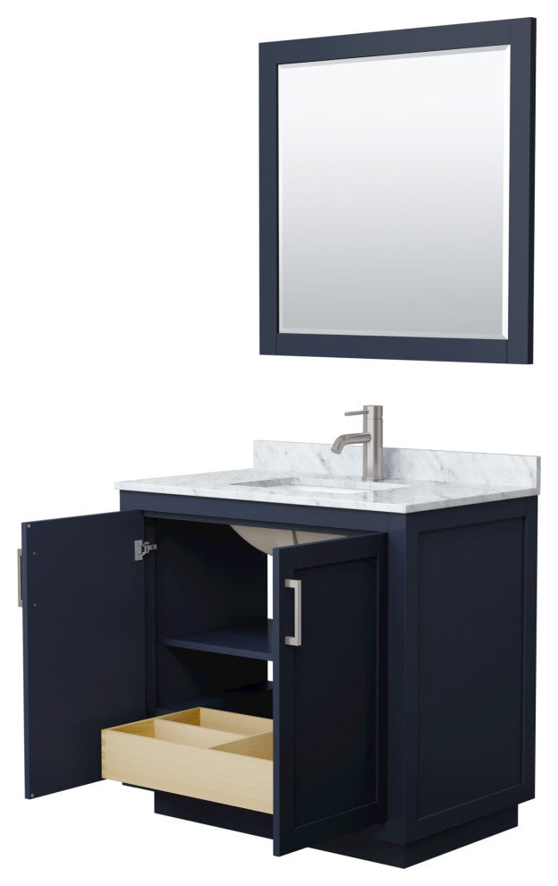 36"SGL Vanity Dark Blue, Carrara Countertop, Sink, Nickel Trim, 34"Mirror