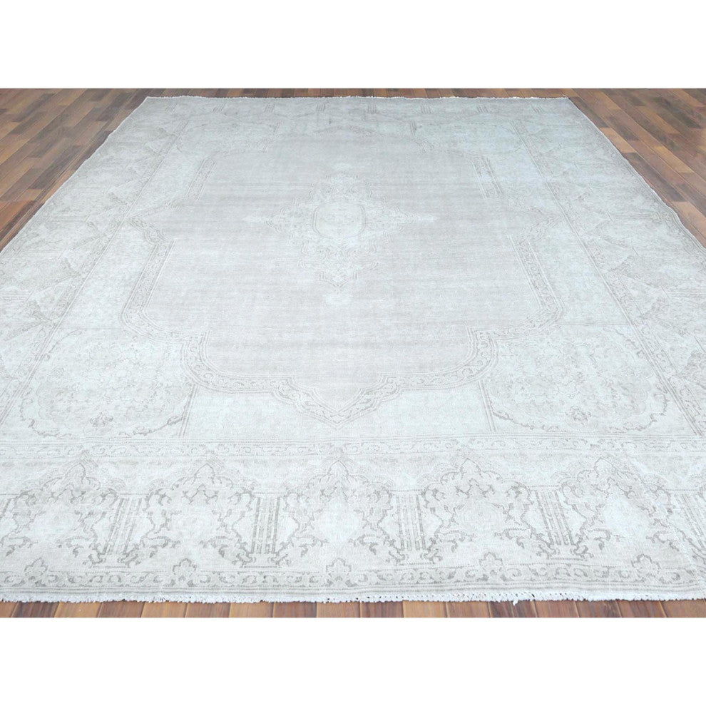 Hand Knotted, Ivory, Vintage Persian Kerman, Worn Wool Oriental Rug 9'6" x 12'5"
