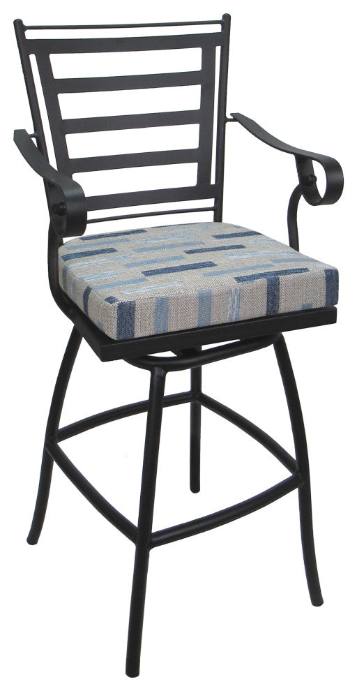 Outdoor Patio Bar Stool Jordan With Arms, Block Weave Blue Beige Gray,