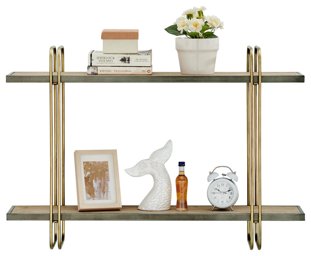 Danya B. Two-Tier Warm Gold and Washed Oak Brown Hanging Wall Mounted Shelf