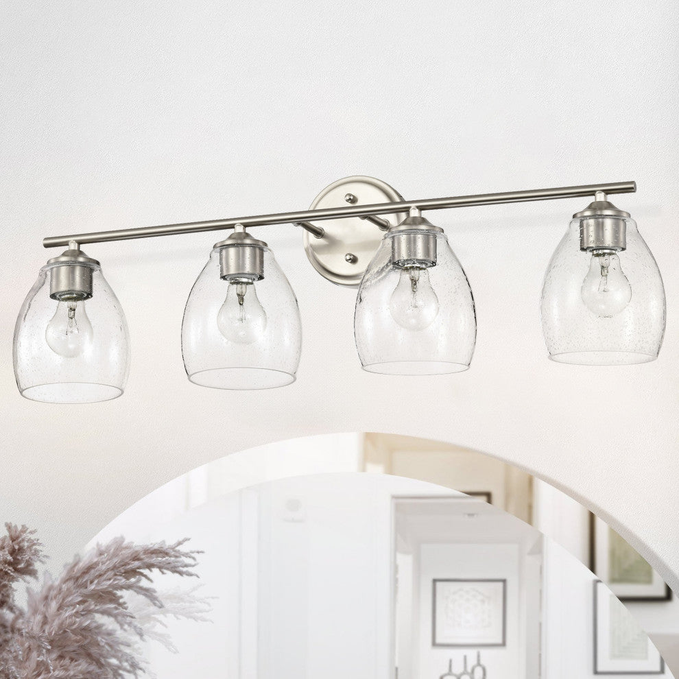 30 in. 4-Light Brushed Nickel Vanity Light With Bell-shaped Seedy Glass Shades