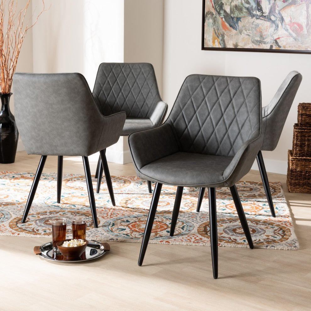 Arcelia Mid-Century Gray Faux Leather and Black Metal 4-Piece Dining Chair Set
