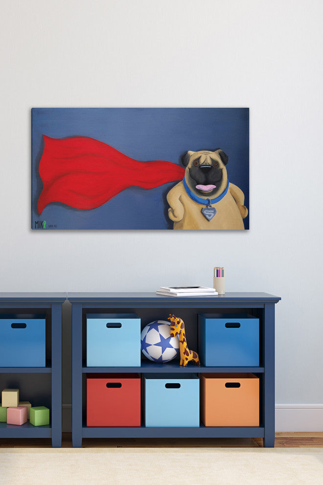 Marmont Hill, "Super Pug" by Mike Taylor Painting Print on Wrapped Canvas, 24x12