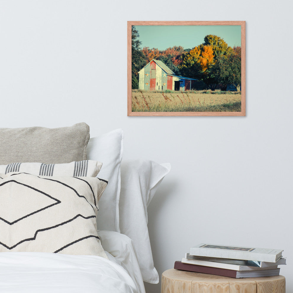 Patriotic Weathered Barn in Field Cross Processed Framed Photo Wall Art Prints, Red Oak, 16" X 20"