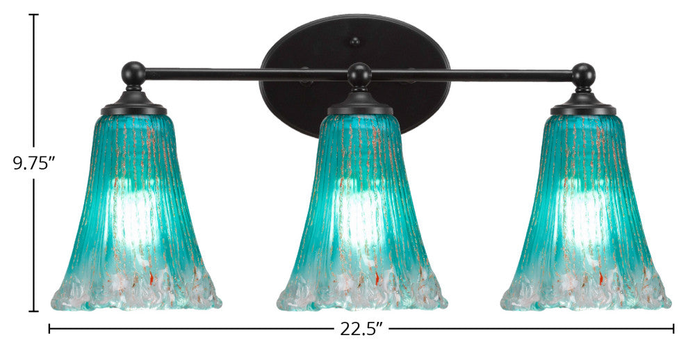 Capri 3-Light Bath Bar, Matte Black/Fluted Teal Crystal
