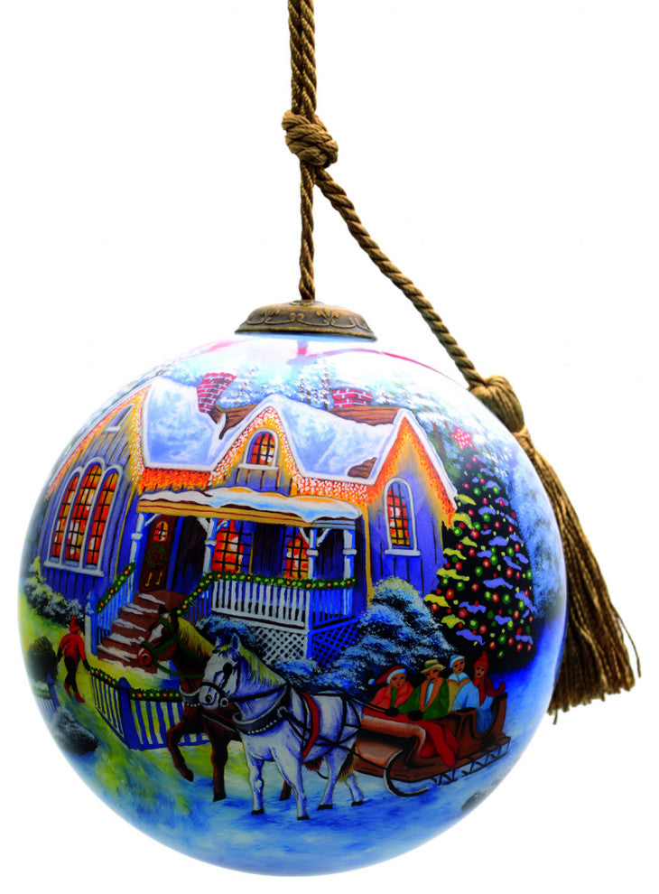 Christmas Home and Horse Carriage Hand Painted Mouth Blown Glass Ornament
