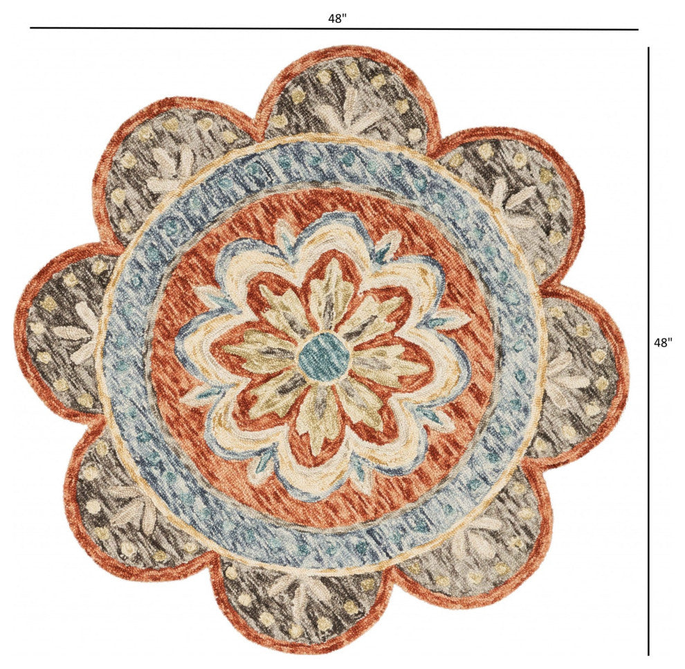 4' Round Orange Scalloped Edge Area Rug