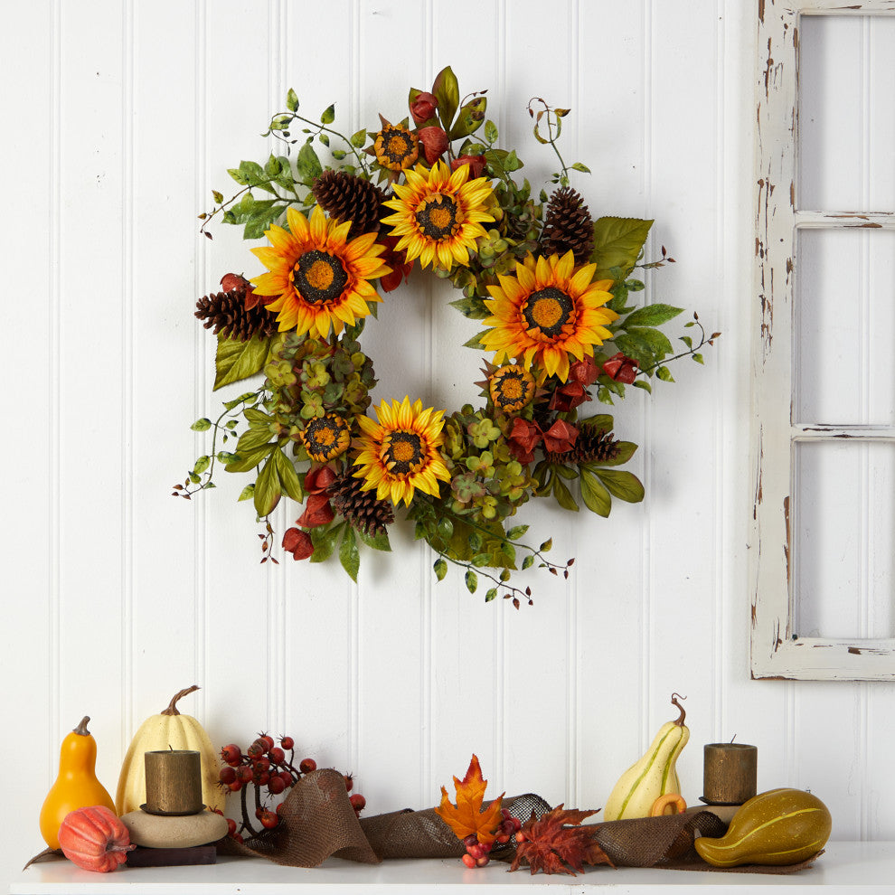 W1226 26 Fall Hydrangea, Sunflower and Pinecones Artificial Autumn Wreath