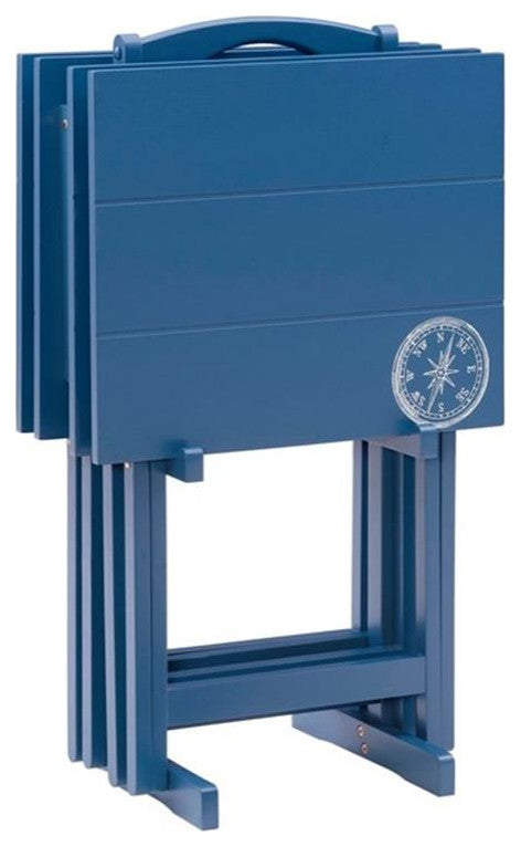 Linon Lorie 5 Piece Tray Table Set Planked Top Compass Design in Navy Blue Wood