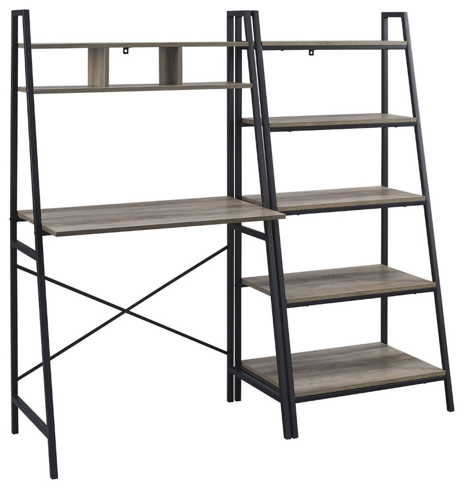 Modern 2-Piece Industrial Metal and Wood Desk and Bookshelf Set "“ Grey Wash