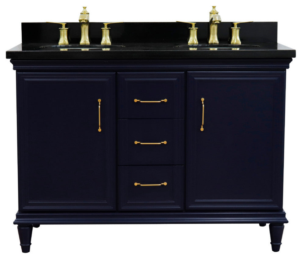 49" Double Vanity, Blue Finish With Black Galaxy And Oval Sink
