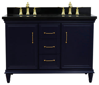 49" Double Vanity, Blue Finish With Black Galaxy And Oval Sink